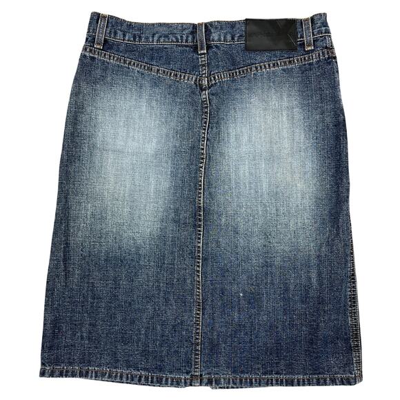 Express Y2K Low Rise Jean Skirt Size 5/6 Faded Denim Knee Length Bareback USA - Picture 2 of 9